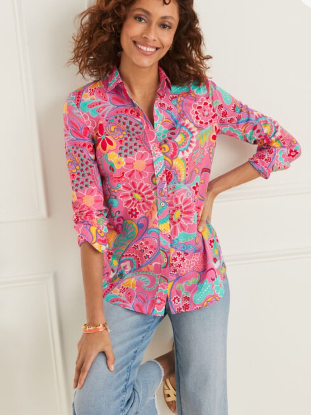 Talbots Pink Dopamine Dressing Paisley & Floral 100% Cotton Boho Button-Down